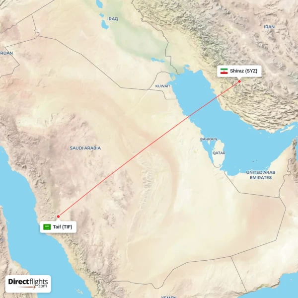 Shiraz - Taif direct flight map