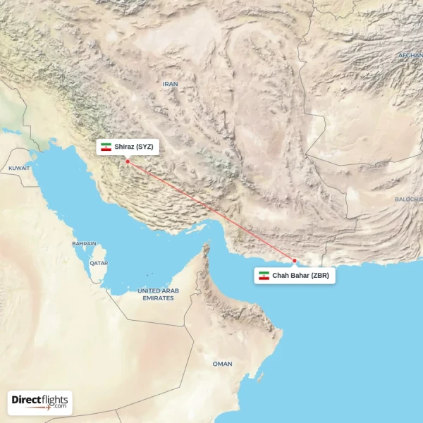 Shiraz - Chah Bahar direct flight map