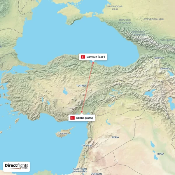 Samsun - Adana direct flight map