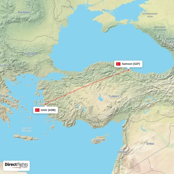 Samsun - Izmir direct flight map