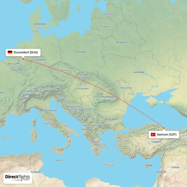 Samsun - Dusseldorf direct flight map