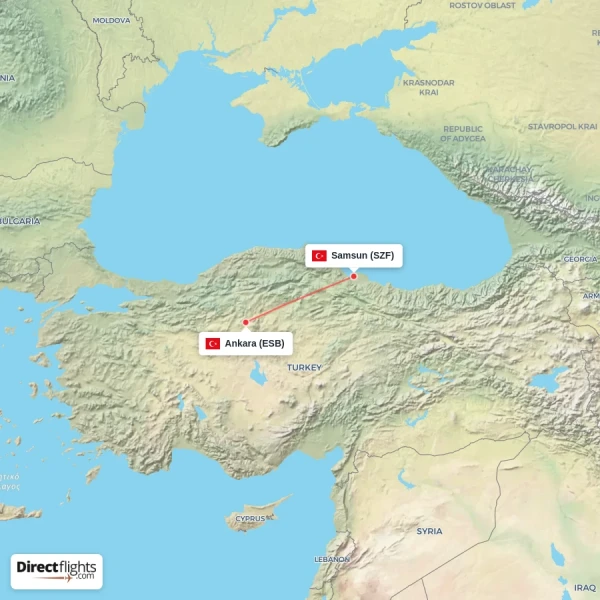 Samsun - Ankara direct flight map