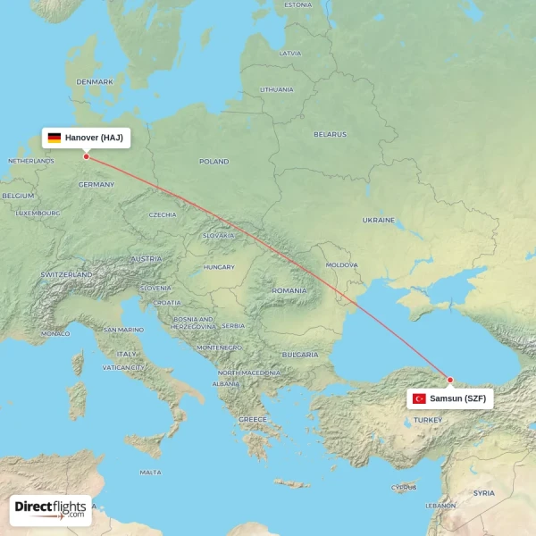 Samsun - Hanover direct flight map