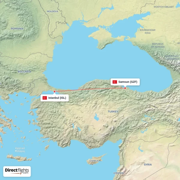 Samsun - Istanbul direct flight map