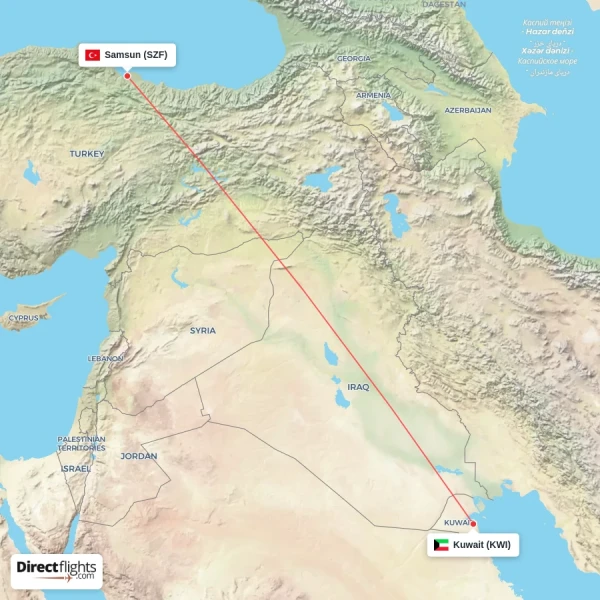 Samsun - Kuwait direct flight map