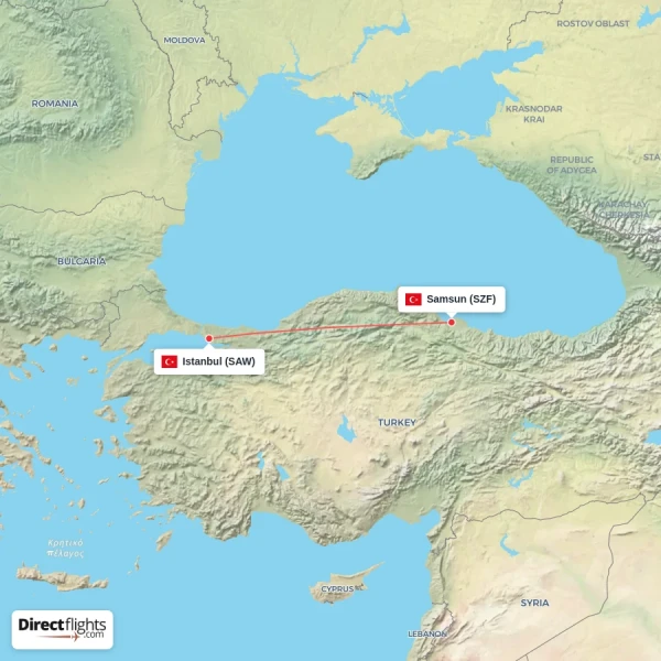Samsun - Istanbul direct flight map