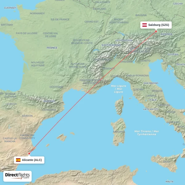 Salzburg - Alicante direct flight map