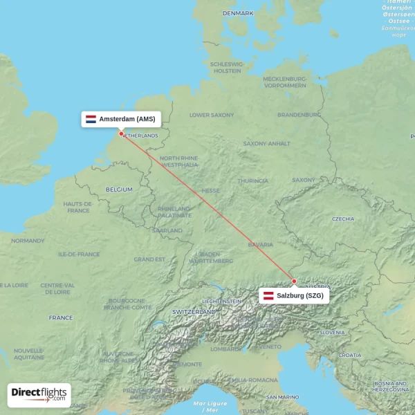 Salzburg - Amsterdam direct flight map