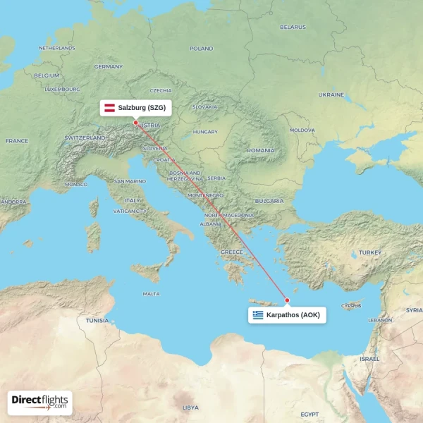Salzburg - Karpathos direct flight map