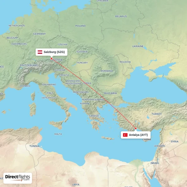 Salzburg - Antalya direct flight map