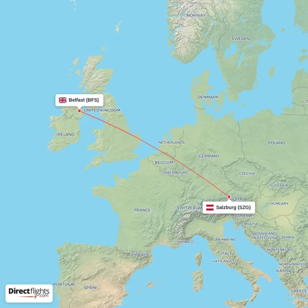 Salzburg - Belfast direct flight map