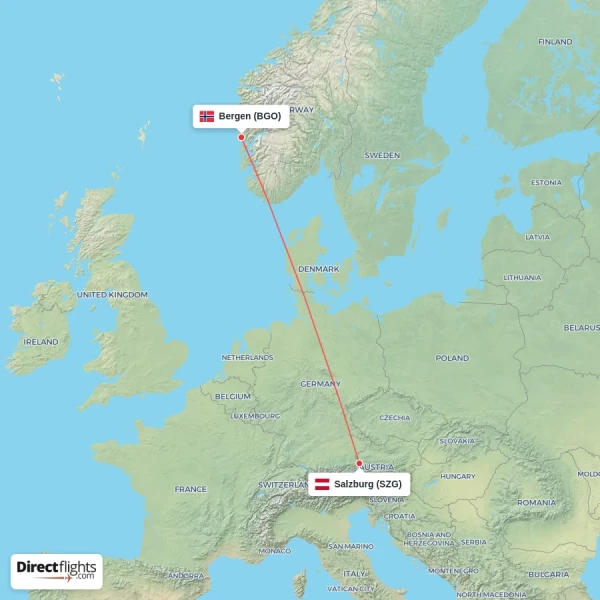 Salzburg - Bergen direct flight map