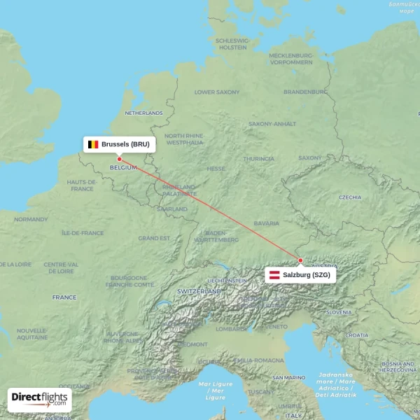 Salzburg - Brussels direct flight map