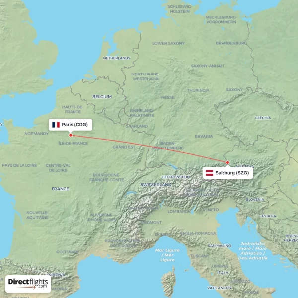 Salzburg - Paris direct flight map