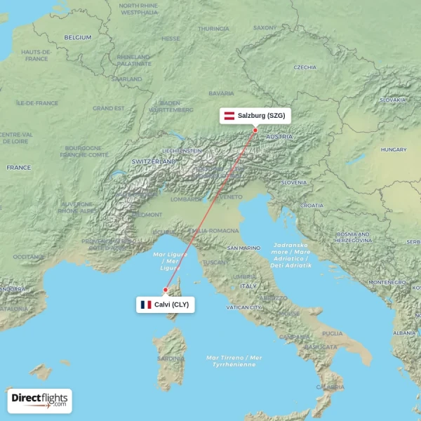 Salzburg - Calvi direct flight map