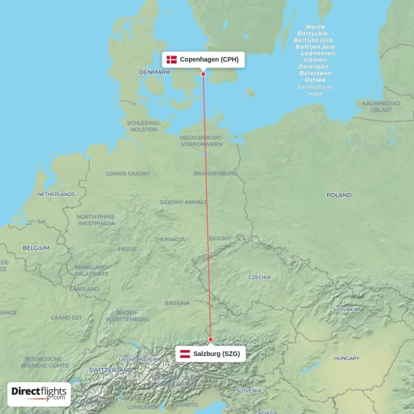 Salzburg - Copenhagen direct flight map