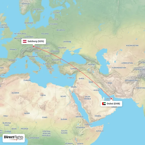 Salzburg - Dubai direct flight map