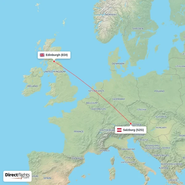 Salzburg - Edinburgh direct flight map
