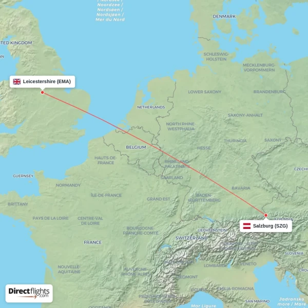 Salzburg - Leicestershire direct flight map