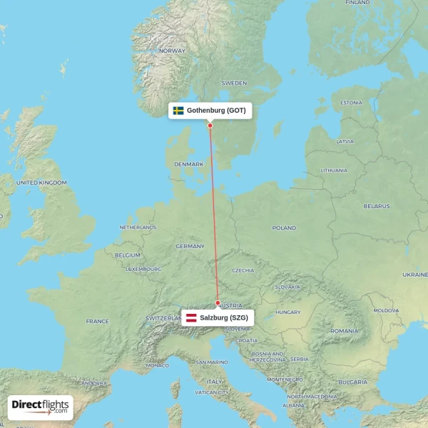 Salzburg - Gothenburg direct flight map