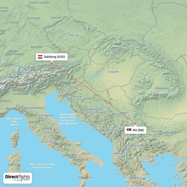 Salzburg - Nis direct flight map