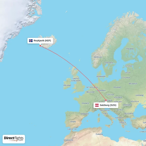 Salzburg - Reykjavik direct flight map