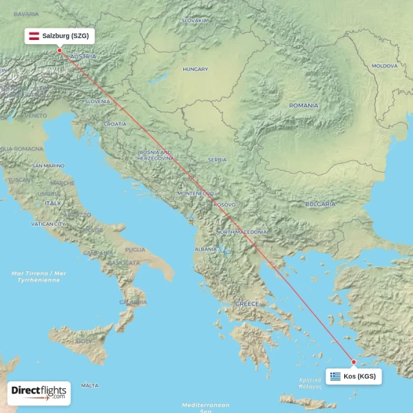 Salzburg - Kos direct flight map