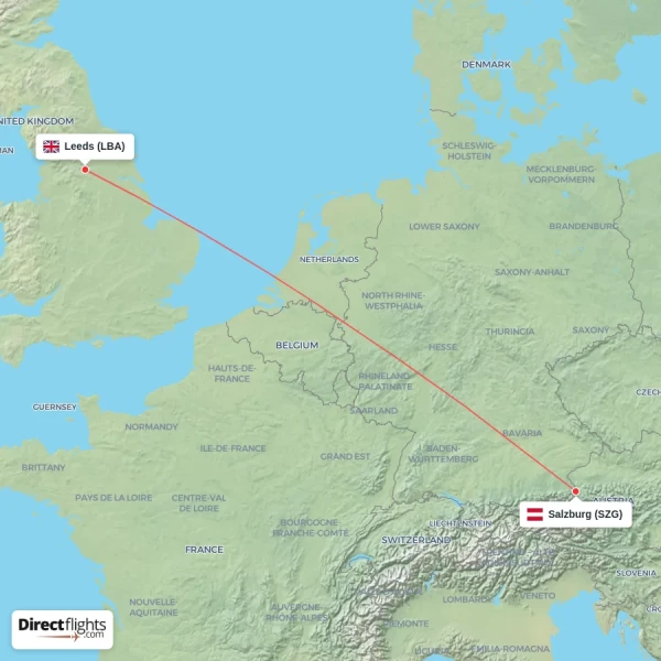 Salzburg - Leeds direct flight map