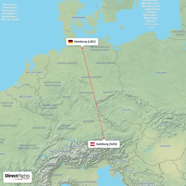 Salzburg - Hamburg direct flight map