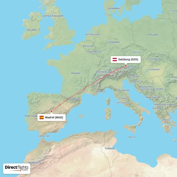 Salzburg - Madrid direct flight map