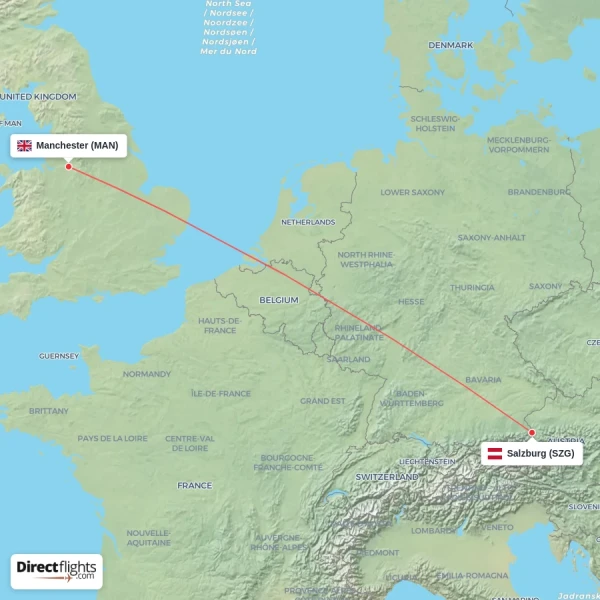 Salzburg - Manchester direct flight map
