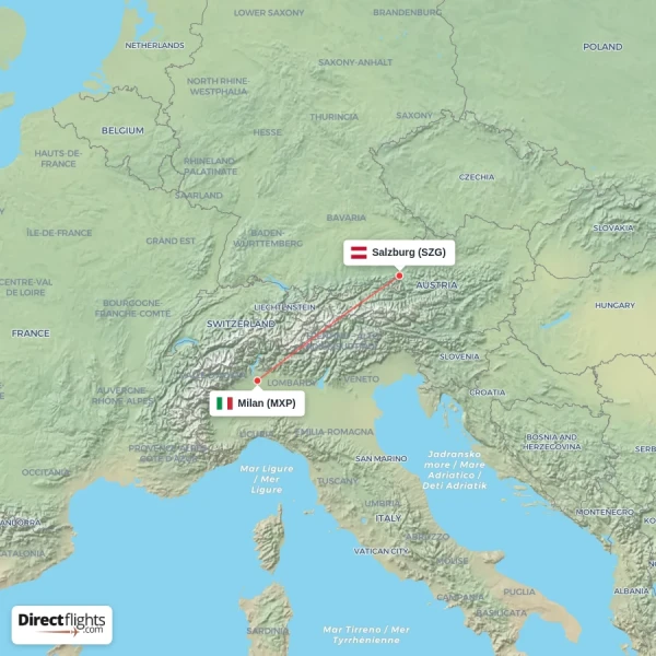 Salzburg - Milan direct flight map