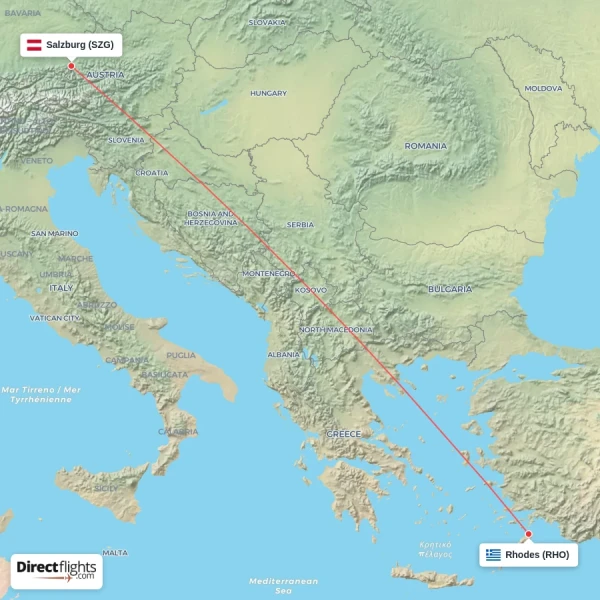 Salzburg - Rhodes direct flight map