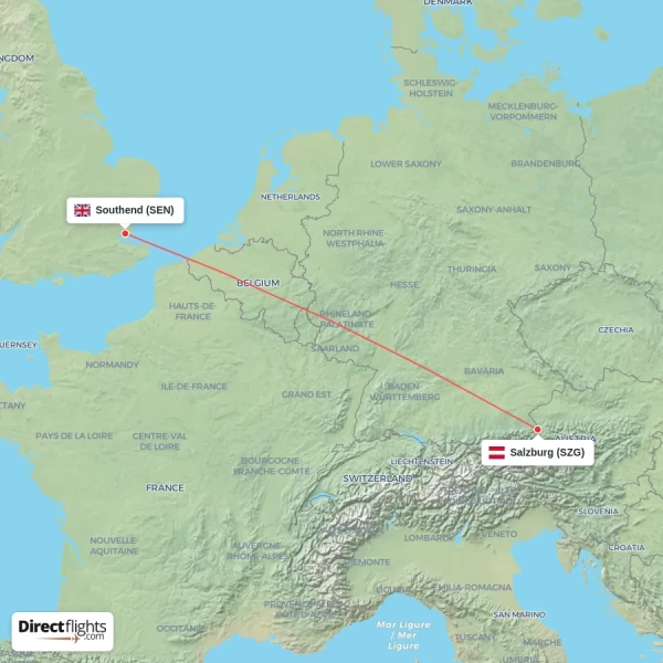 Salzburg - Southend direct flight map