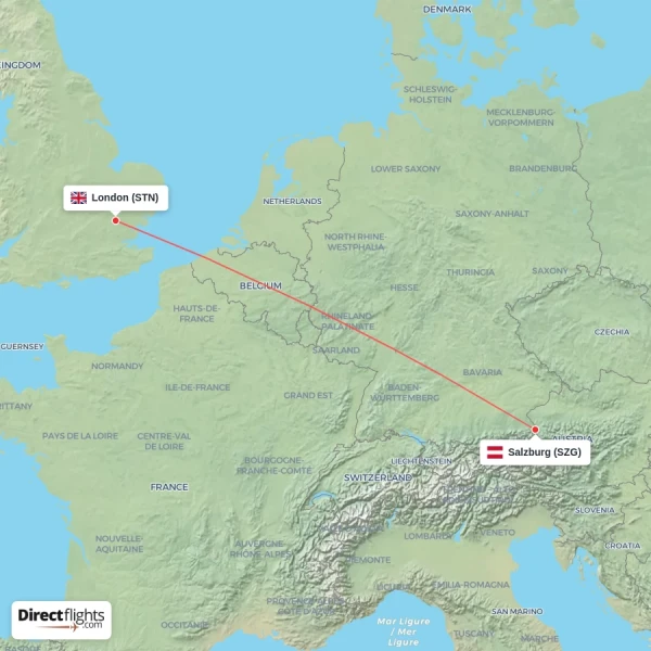 Salzburg - London direct flight map