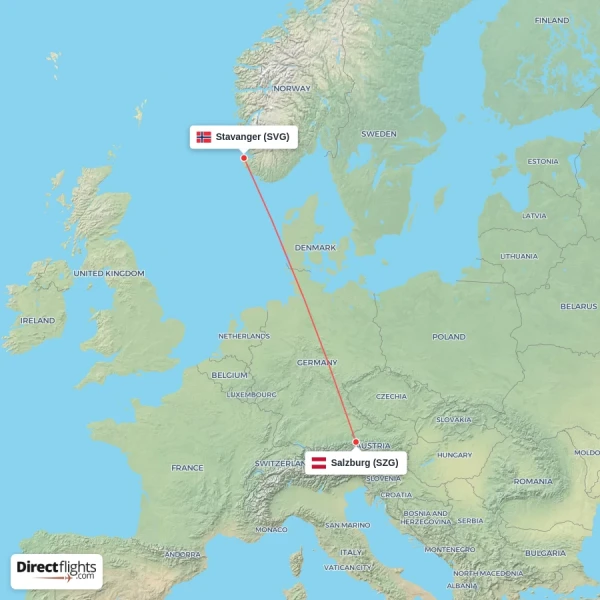 Salzburg - Stavanger direct flight map