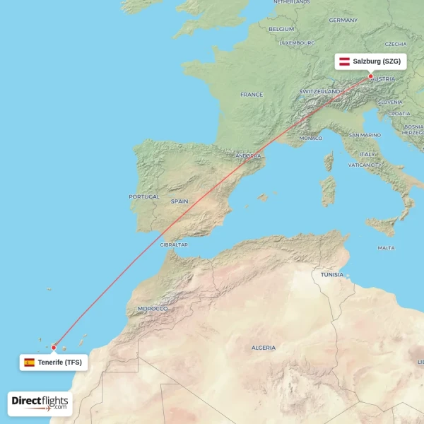 Salzburg - Tenerife direct flight map