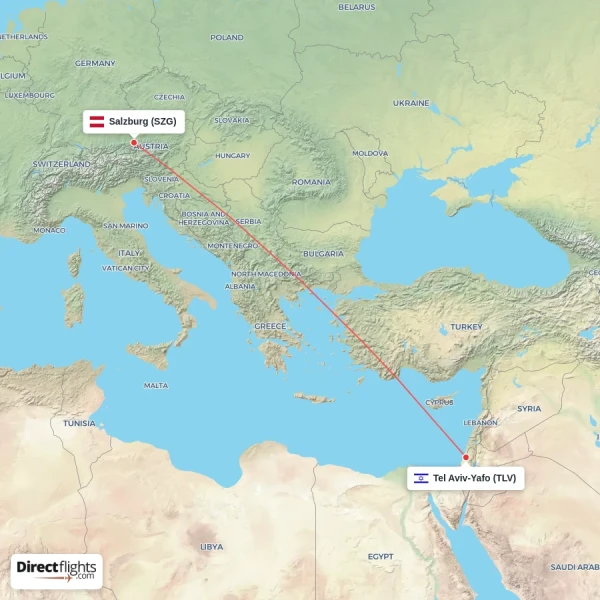 Salzburg - Tel Aviv-Yafo direct flight map