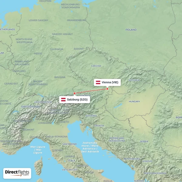 Salzburg - Vienna direct flight map