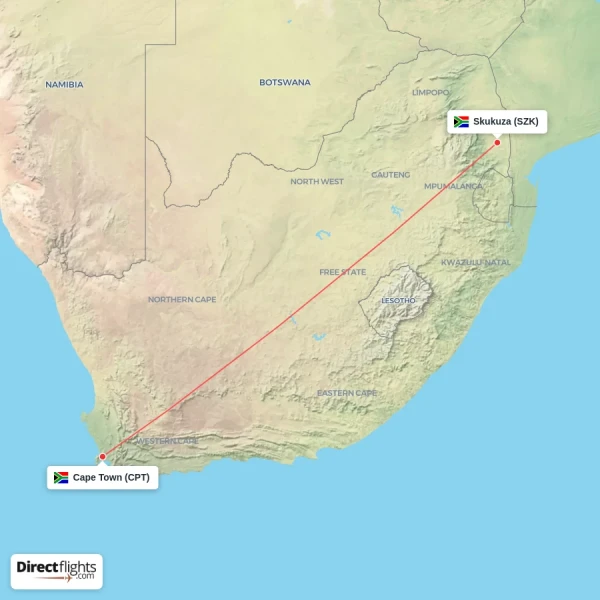 Skukuza - Cape Town direct flight map