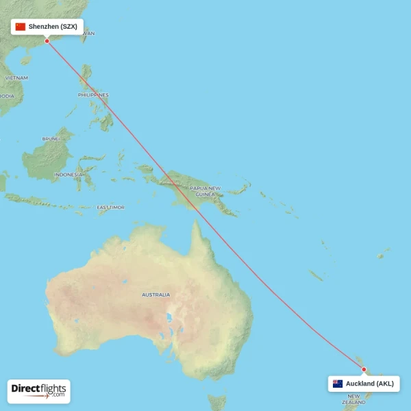 Shenzhen - Auckland direct flight map