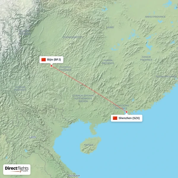 Shenzhen - Bijie direct flight map