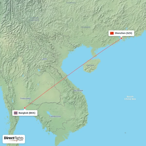 Shenzhen - Bangkok direct flight map
