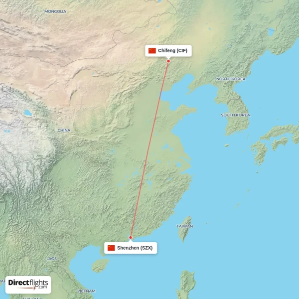Shenzhen - Chifeng direct flight map
