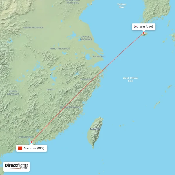 Shenzhen - Jeju direct flight map