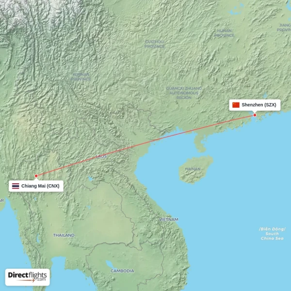 Shenzhen - Chiang Mai direct flight map