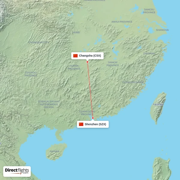 Shenzhen - Changsha direct flight map