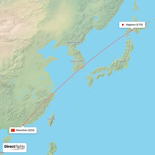 Shenzhen - Sapporo direct flight map
