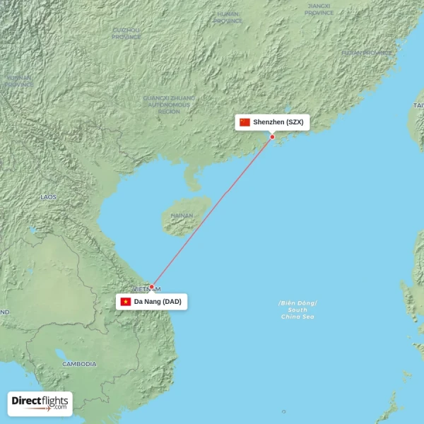 Shenzhen - Da Nang direct flight map