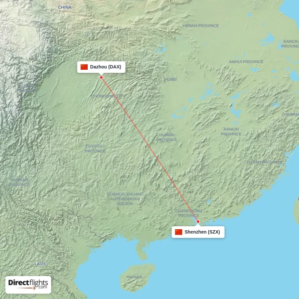 Shenzhen - Dazhou direct flight map